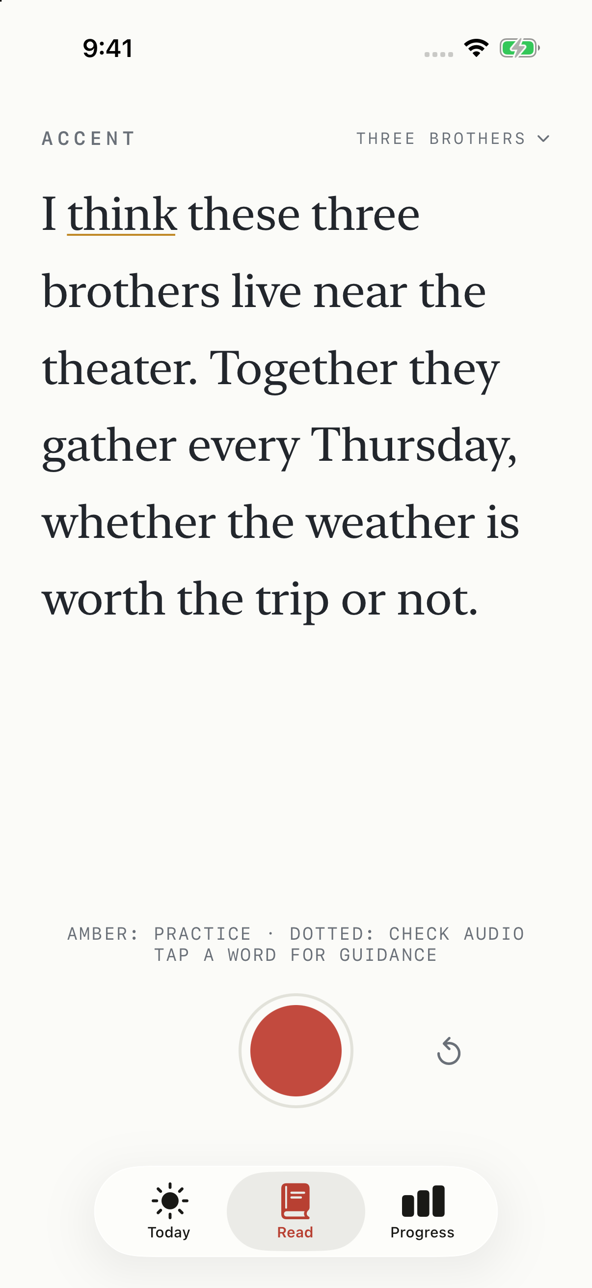 Accent shows the Three Brothers practice passage with think marked for a sound review