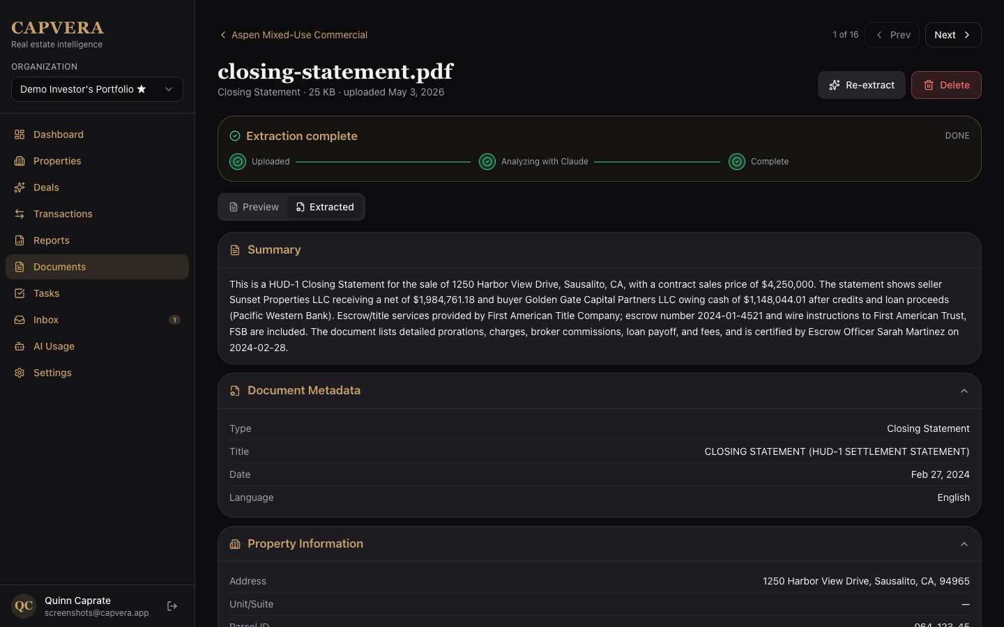 Document detail with extracted JSON