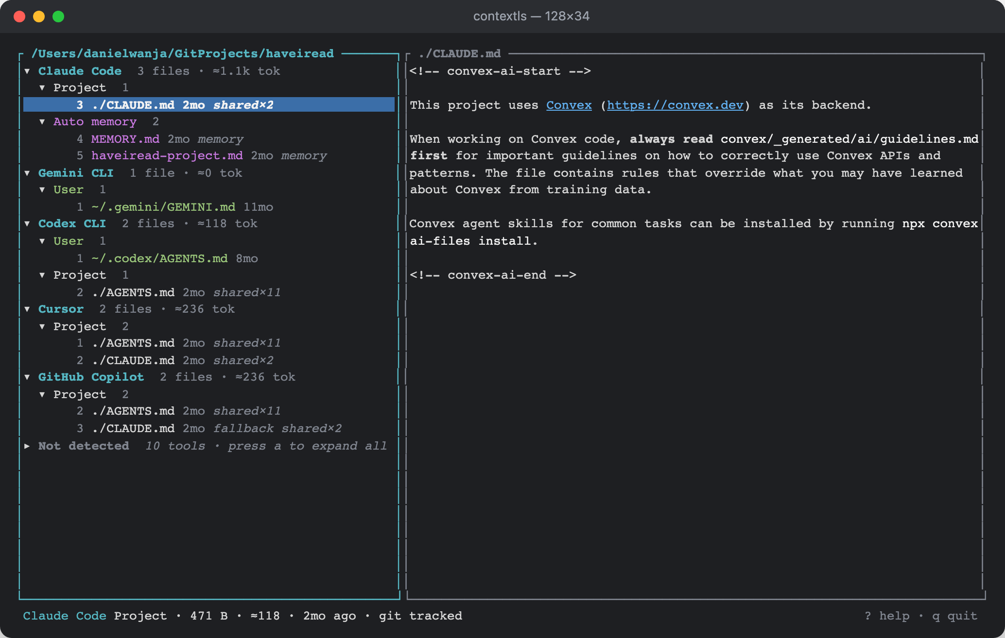 contextls showing the context files five tools load for a project