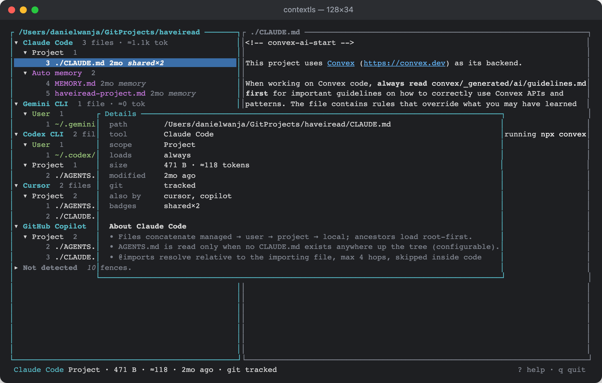 The details overlay for CLAUDE.md: scope, load mode, git status, which other tools share it, and notes about Claude Code's loading rules