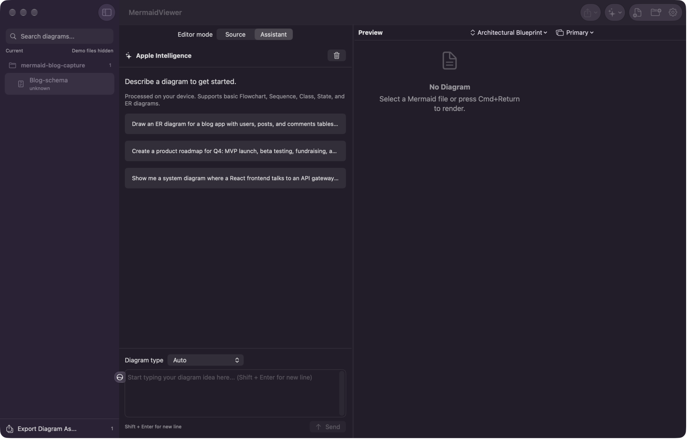 The MermaidViewer assistant with example prompts and the new-diagram composer