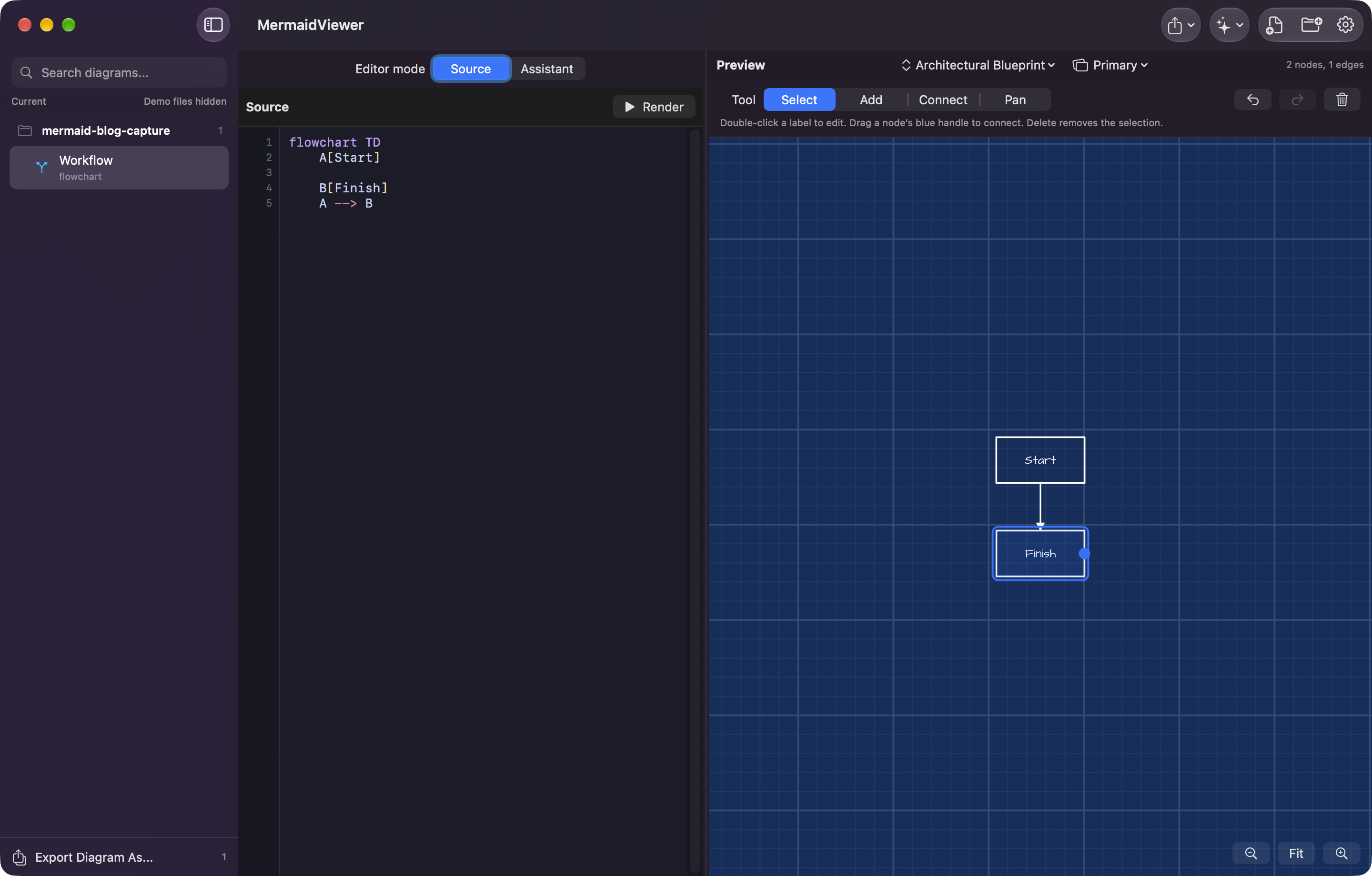 MermaidViewer showing the flowchart source beside the native visual editor with the Finish node selected
