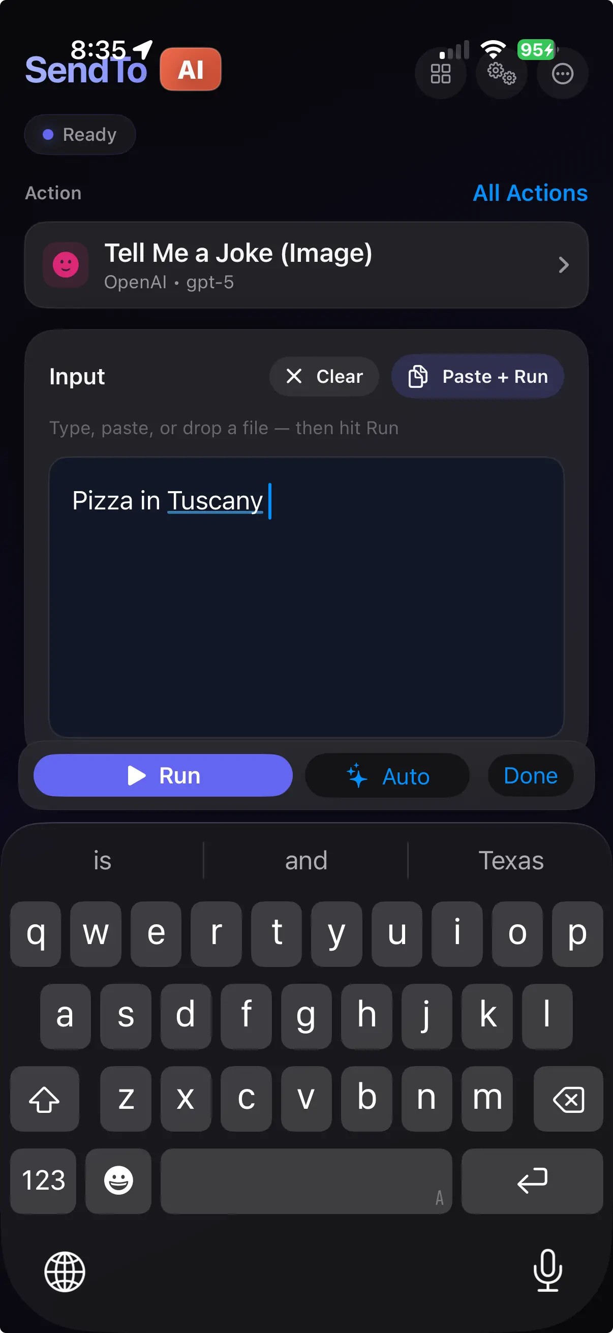 SendToAI iPhone Main Screen