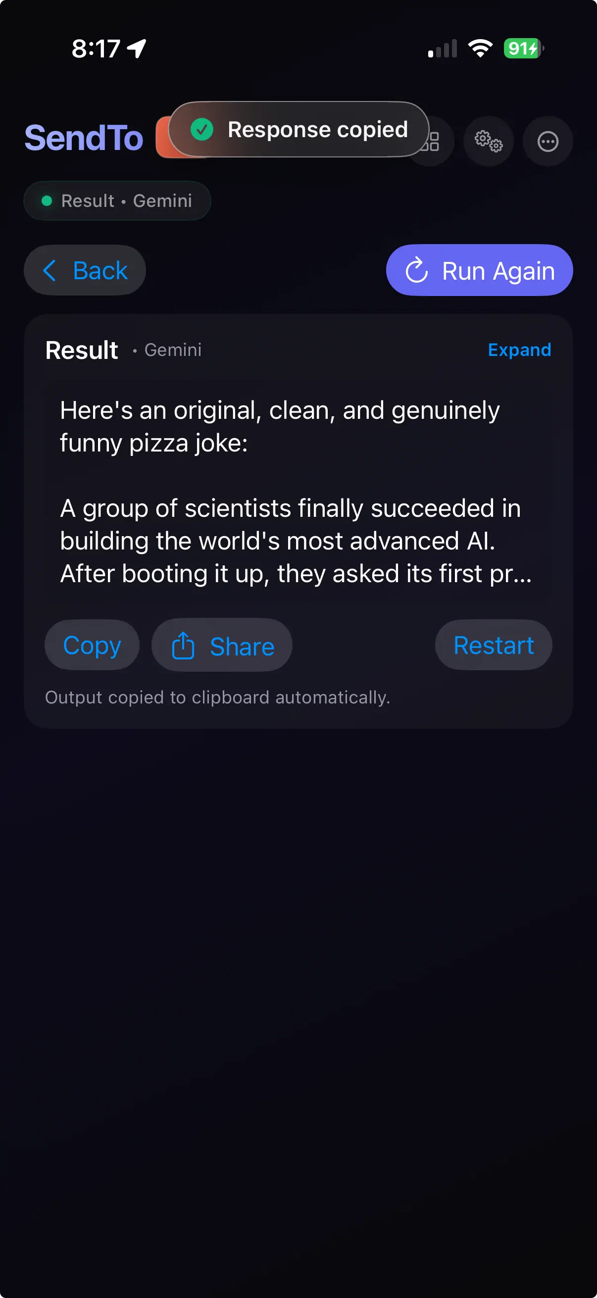 SendToAI Response Copied