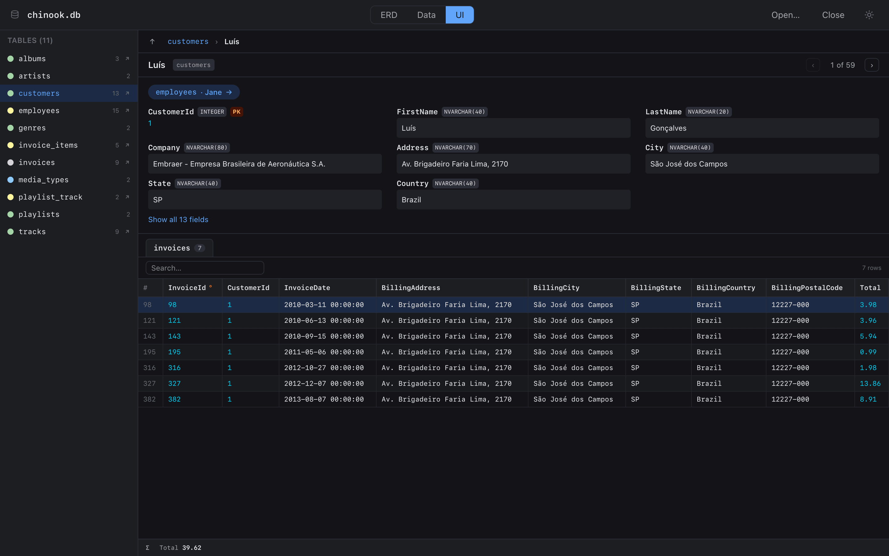 The UI view — a customer record with its invoices tab