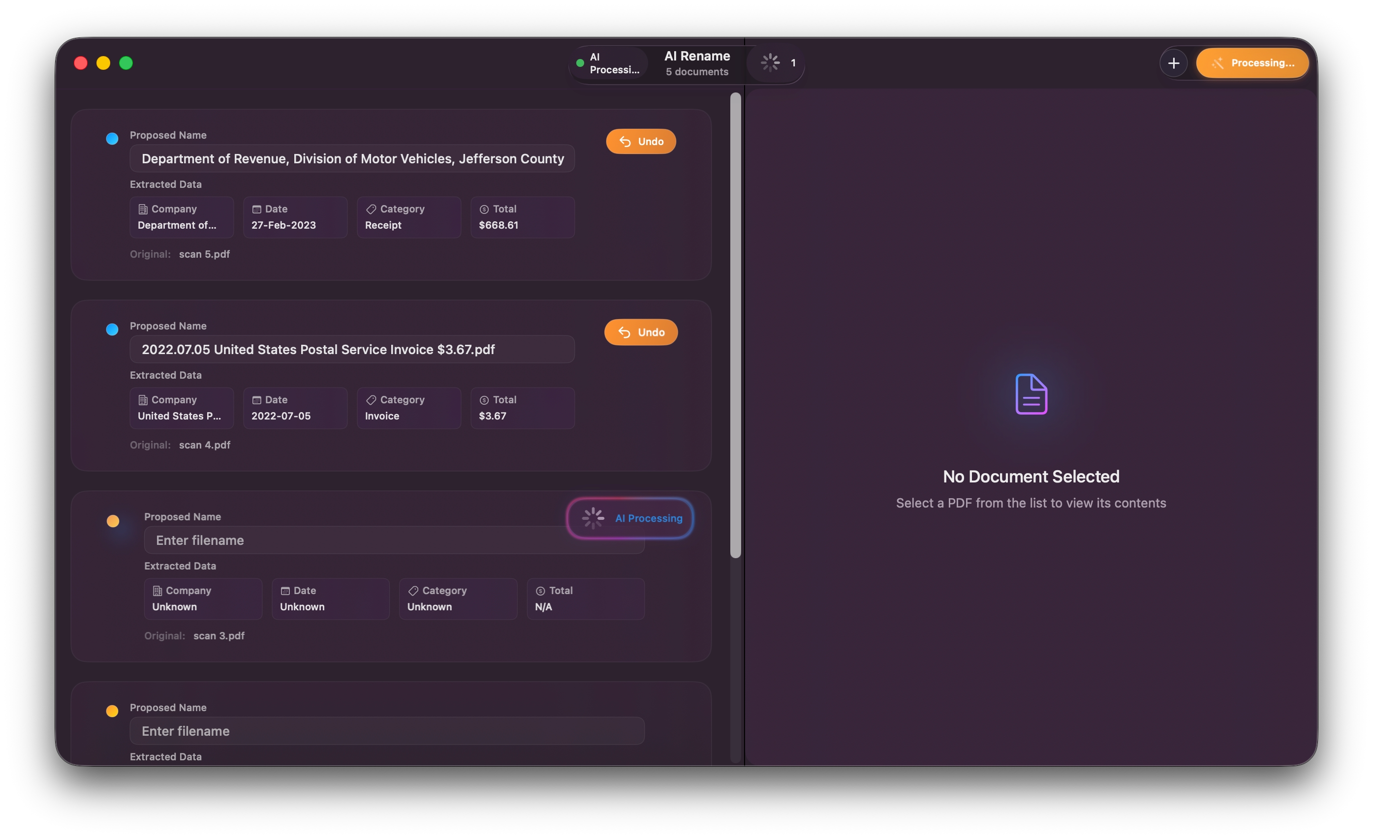 AI processing files in progress