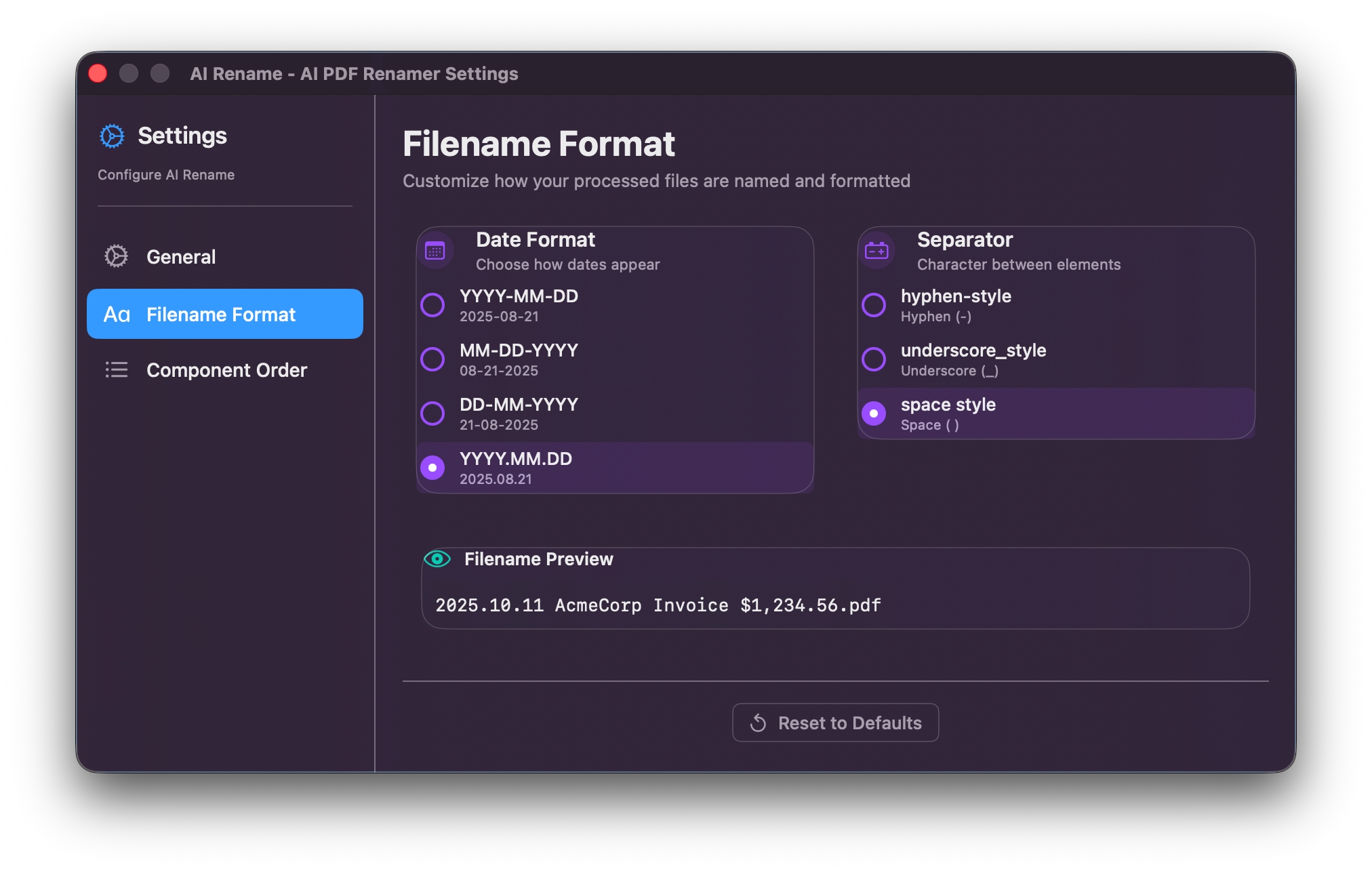 AI Rename settings and preferences